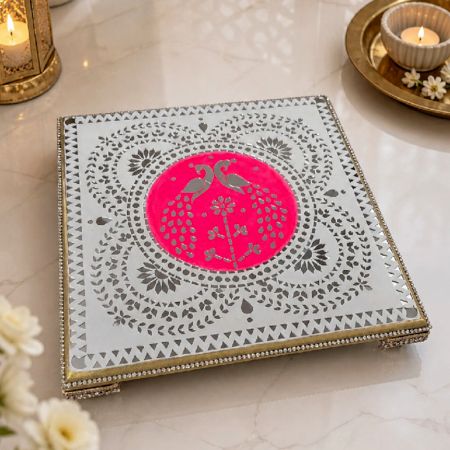 Handcrafted Designer Wooden Puja Chawki Bajot with Mirror Art
